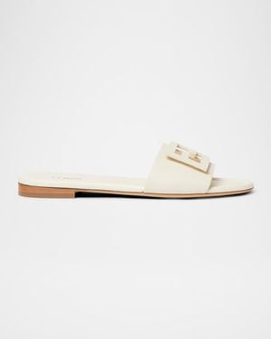 Fendi Ff Leather Flat Sandals - White