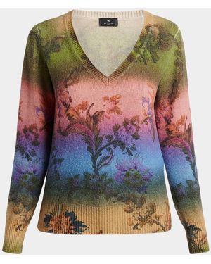 Etro Degrade Floral-Print Wool V-Neck Sweater - Multicolor