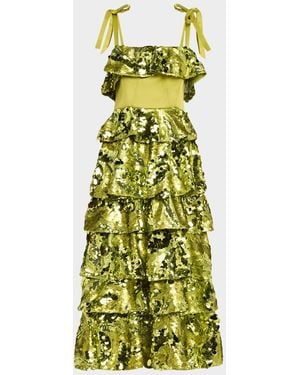 AKNVAS Asta Sequined Ruffle Midi Dress - Green