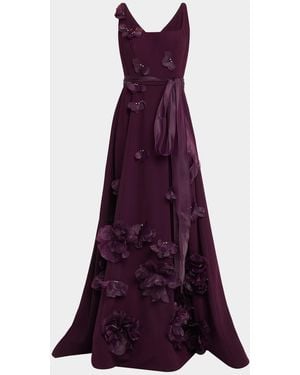 Rene Ruiz Square-Neck Floral Applique Gown - Purple