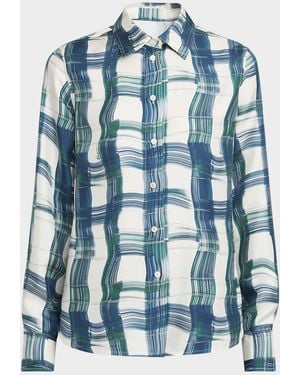Ferragamo Brushstroke Check Button Down Silk Blouse - Blue
