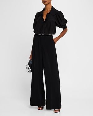 Cinq À Sept Weldon Collared V-Neck Short-Sleeve Silk Combo Top - Black