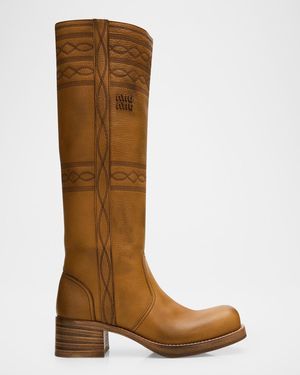 Miu Miu 50Mm Western Leather Knee-High Boots - Brown