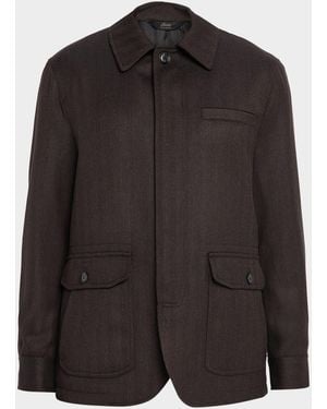 Brioni Apos;S Super 180 & Apos;S Wool Herringbone Chore Jacket - Black