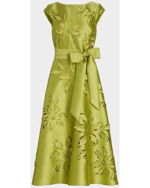 Badgley Mischka Laser-Cut Floral-Embroidered Tie-Waist Midi Dress - Green