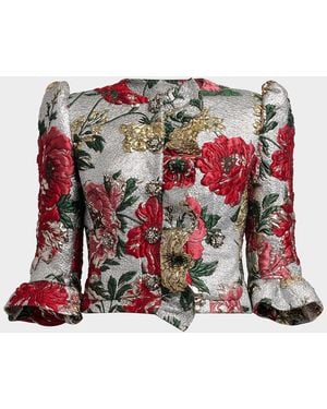 Dolce & Gabbana Metallic Floral Brocade Ruffle Crop Jacket - Red