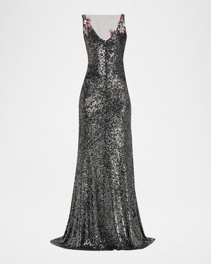 Naeem Khan Floral Applique Stretch Sequin V-Neck Gown - Multicolor