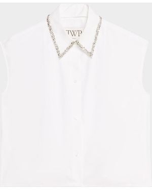 Twp Cap-Sleeve Top With Beaded Collar - White