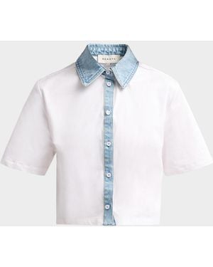 SER.O.YA Kelsie Stretch-Cotton Denim-Trim Top - Blue