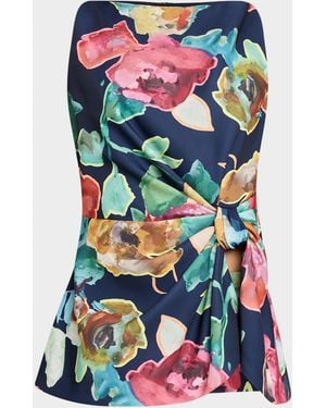 Lela Rose High-Neck Ruched Printed Crepe Top - Multicolor