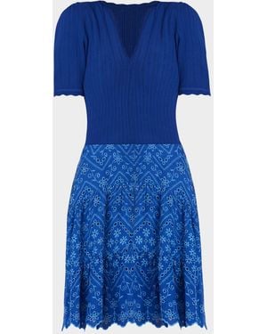 Shoshanna Fallon Eyelet-Embroidered Mixed Media Mini Dress - Blue