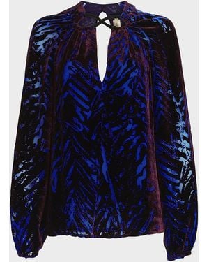 Silvia Tcherassi Ximena Velvet Burnout Long-Sleeve Blouse - Blue
