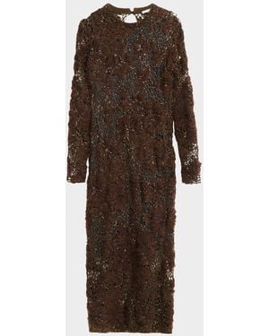 Brunello Cucinelli Mohair Sparkling Floral Embroidered Mesh Dress - Brown