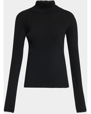 Vince Lace Trim Wool-Blend Rib Mock-Neck Top - Black
