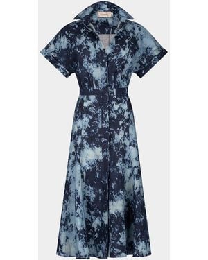 Silvia Tcherassi Noor Tie-Dye Linen Short-Sleeve Midi Shirtdress - Blue