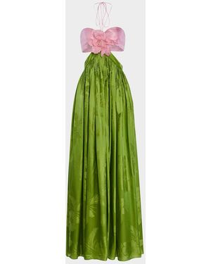 retroféte Prudy Floral Cut-Out Satin Halter Dress - Green