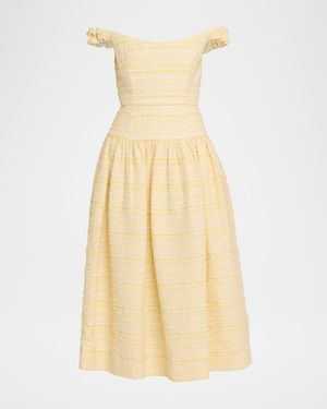 Markarian Georgie Striped Seersucker Off-The-Shoulder Midi Dress - Yellow
