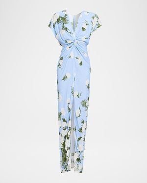 Prabal Gurung Jackie Floral-Print Short-Sleeve Twisted Gown - Blue