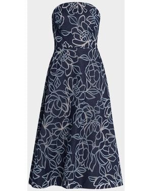 Teri Jon Strapless Floral Burnout Denim Midi Dress - Blue