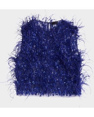 LAPOINTE Sleeveless Feather Sequined Tulle Crop Top - Blue
