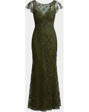 Mac Duggal Floral Appliqué Tulle Gown - Green