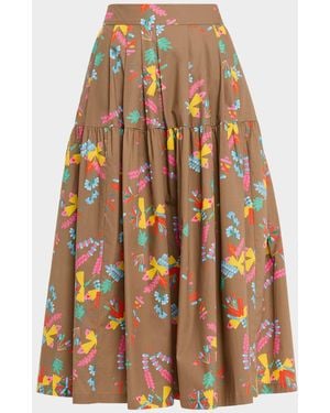 Maison Common Geometric Floral Cotton Pleated Midi Skirt - Multicolor