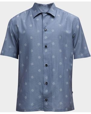 Brioni Cotton-Silk Geometric-Print Camp Shirt - Blue