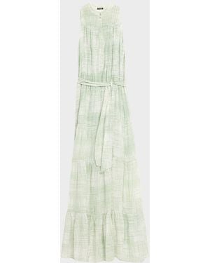 Kiton Check Silk Tie-Waist Tiered Maxi Dress - White
