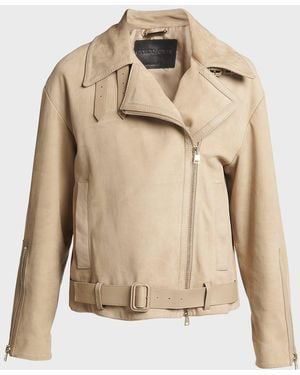 Giorgio Armani Nubuck Belted Suede Moto Jacket - Natural