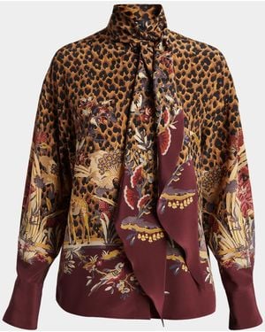 Etro Paisley Animal-Print Silk Neck-Scarf Blouse - Brown