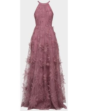THEIA Floral-Embroidered Halter Tulle Gown - Purple