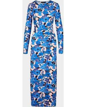 Smythe Floral Ruched Crewneck Dress - Blue
