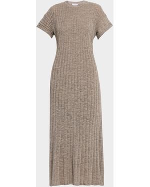 Brunello Cucinelli Metallic Linen Rib Short-Sleeve Midi Dress - Natural