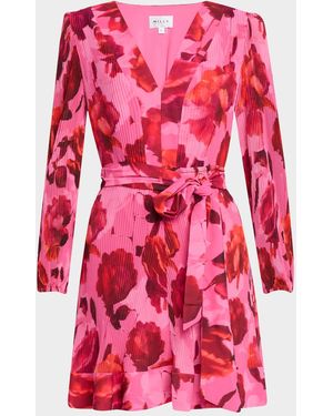 MILLY Liv Pleated Floral-Print Mini Dress - Pink