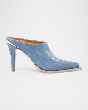 Partow Lainy Denim Western Mule Pumps - Blue