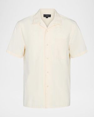 Vince Union Stripe Cotton Loop-Collar Short-Sleeve Shirt - Natural