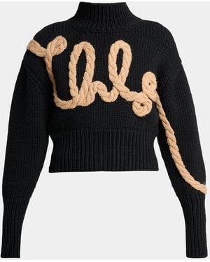 Chloé Contrast-Knit Logo Appliqué Wool Sweater - Black