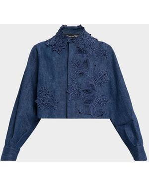 Oscar de la Renta Embroidered Denim Crop Jacket - Blue