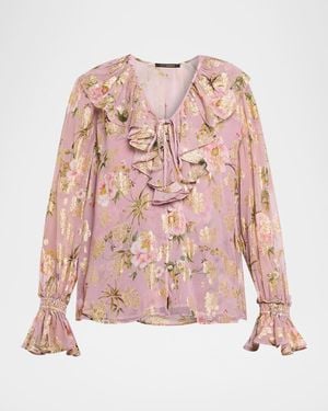 Kobi Halperin Leia Metallic Floral-Print Ruffle Blouse - Pink