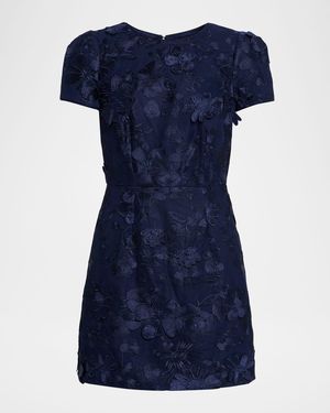 MILLY Daisy Embroidered Puff-Sleeve Mini Dress - Blue