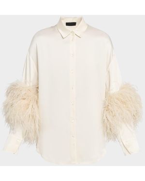 LAPOINTE Satin Button-Down Blouse With Feather Trim - Natural