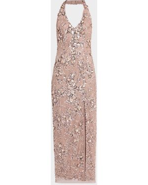 Aidan Mattox Floral Bead And Sequin Halter Column Gown - Pink
