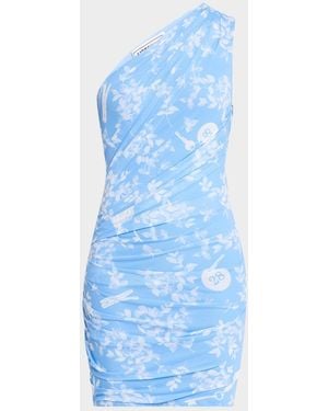 Moschino One-Shoulder Printed Tulle Mini Dress - Blue