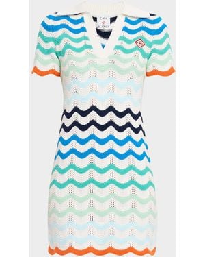 CASABLANCA Wavy Crochet Knit Mini Polo Dress - Blue