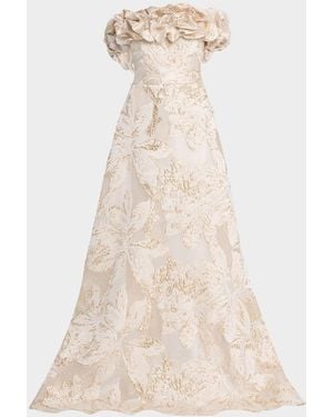 Teri Jon Ruffled Off-Shoulder Metallic Jacquard Gown - Natural