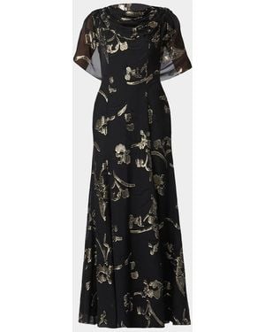 Shoshanna Annalynn Metallic Floral Chiffon Cape Gown - Black