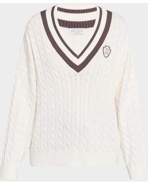 Brunello Cucinelli Cable-Knit Sport Club V-Neck Sweater - Natural