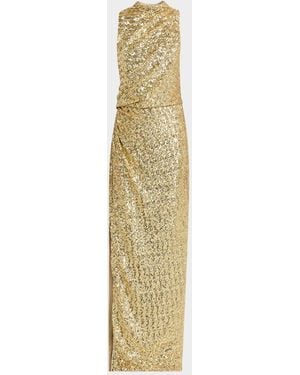 Balmain Draped Sequined Halter Column Gown - Metallic