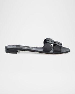 Manolo Blahnik Circle-Cut Leather Flat Slide Sandals - Black