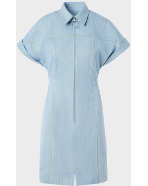 Akris Punto Pinstripe Denim Short-Sleeve Zip Mini Shirtdress - Blue